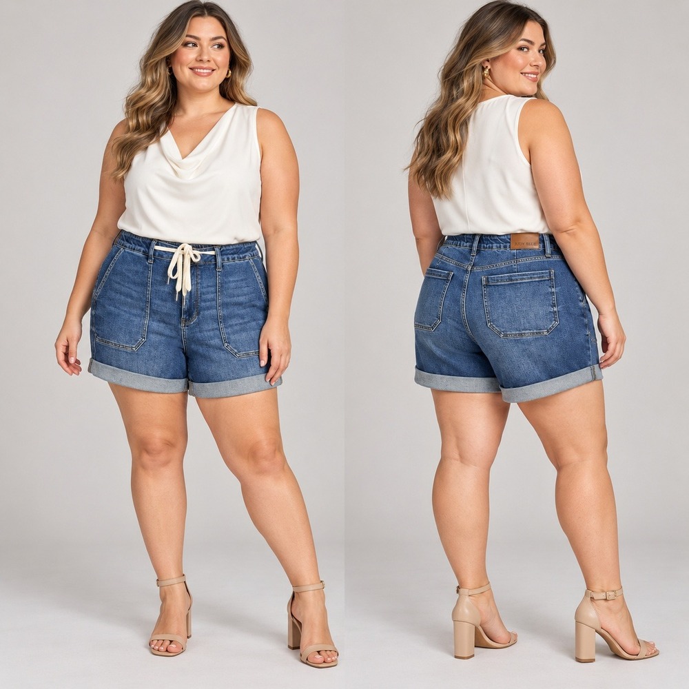Judy Blue High Waist Cuffed Drawstring Jogger Denim Shorts Size 1XL Dark Wash